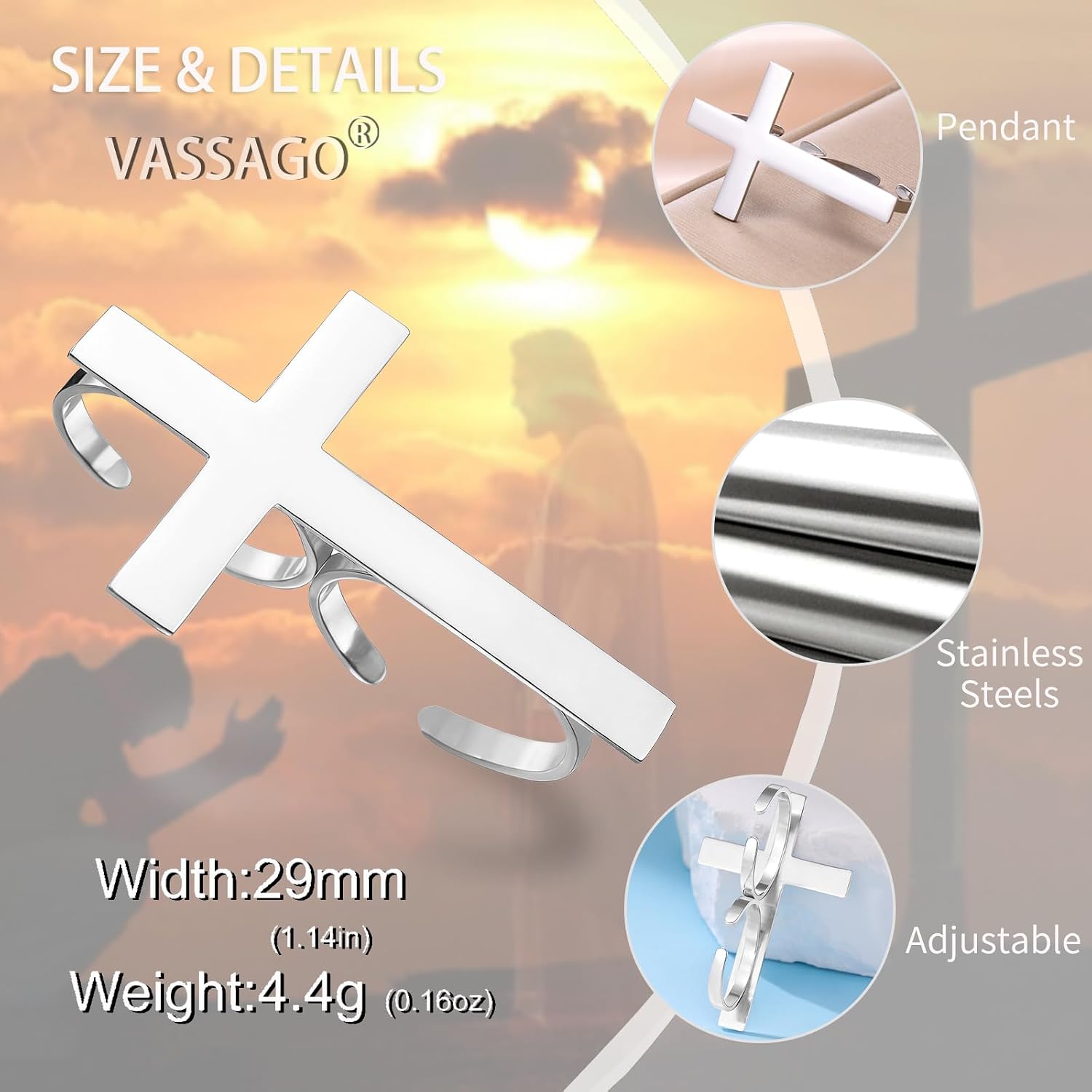 VASSAGO Cross Ring for Women Men Stainless Steel Adjustable Cross Two Finger Rings Dainty Wedding Stackable Band Catholic Christian Religious Faith Amulet Jewelry Baptism Gift