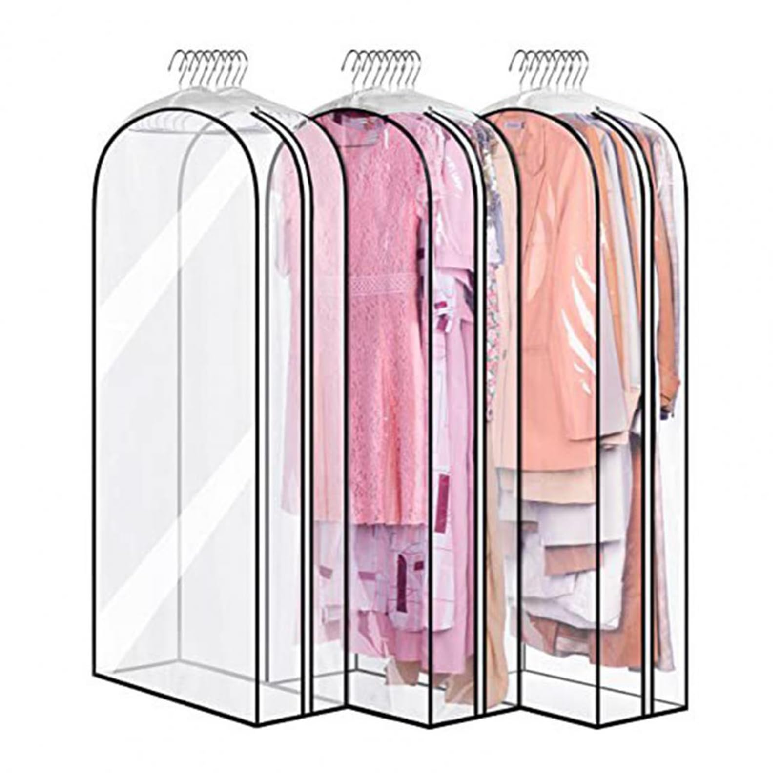 Fundas para Ropa Paquete de 3 Bolsas para Ropa Totalmente Transparentes Bolsas dArmario con Refuerzos y Cremalleras Laterales para Trajes, Abrigos, Vestidos, 102 X 60 X 25,5 cm, Transparente