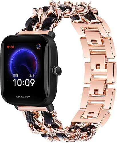 Miniatura 2 de Compatible con Amazfit Bip U Band, YOUkei Jewelry - Pulsera de cadena de metal con correas de repuesto de cuero compatible con reloj inteligente