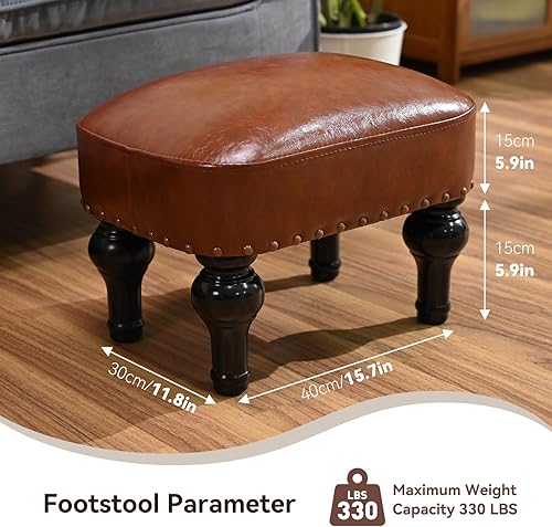 Miniatura 9 de Reposapiés de cuero, otomana de madera, taburete rústico otomano, reposapiés de madera, reposapiés rectangular pequeño otomano para dormitorio, sala