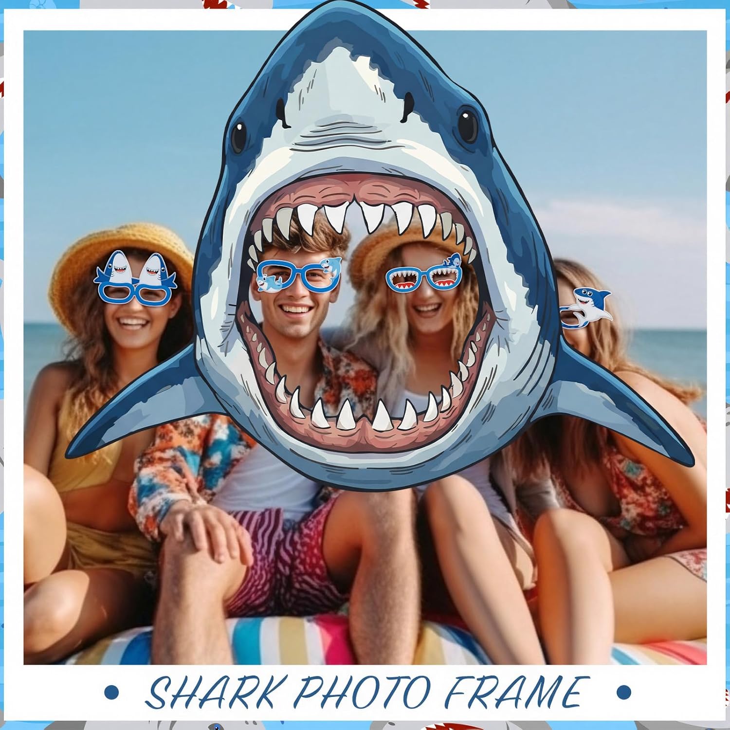 Qunclay 13 Pcs Shark Cardboard Cutouts Photo Booth Props with 12 Shark Paper Eyeglasses Blue Animal Cutout Sunglasses Ocean Sea Theme Party Background for Holiday Under The Sea Birthday Party Favors