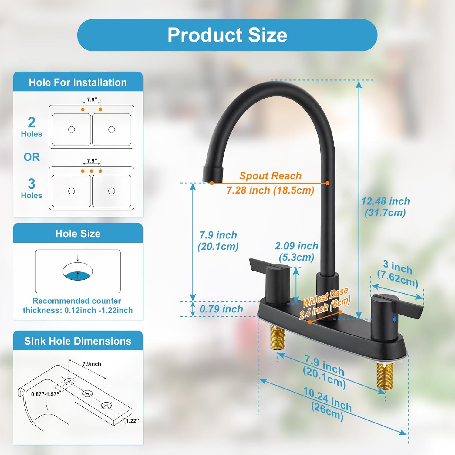 2 Handle Kitchen Faucets Deck Mounted 3 Hole Kitchen Sink Faucet High Arc 360° Swivel Spout 8 Inch RV Mixer Tap Without Side Sprayer,Matte Black