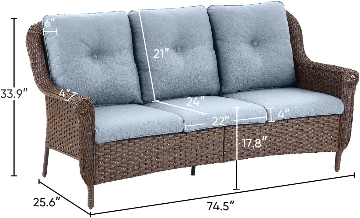 Patio Couch Outdoor Wicker Sofa - Heavy Duty All-Weather Brown Rattan 3-Seater with High Back and Comfy Thick Cushions for Garden Back Porch Poolside Apartment - Baby Blue