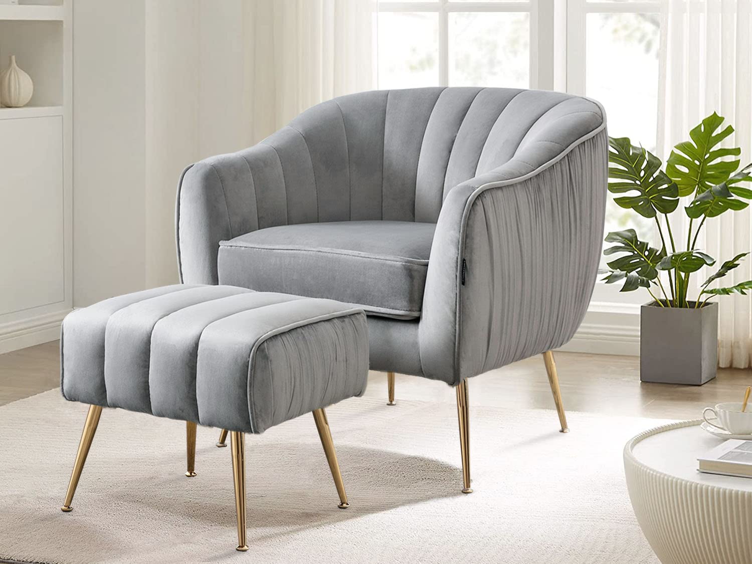 Altrobene Velvet Accent Chair with Ottoman, Modern Arm Barrel Chair, Grey