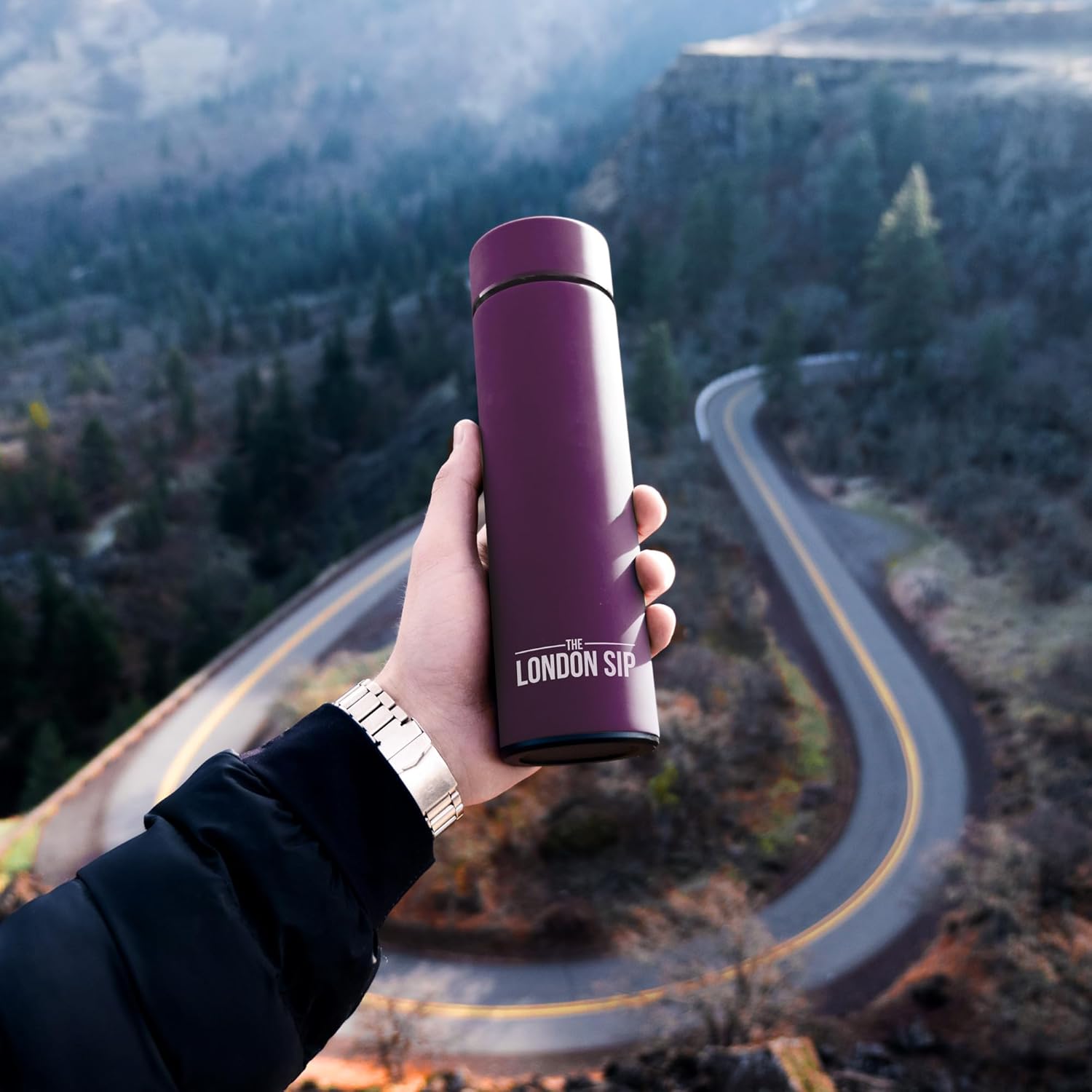 London Sip Multi-Purpose Travel Mug and Tumbler Fruit Infused Flask Hot and Cold Double Wall Stainless Steel Thermos with Extra-Long Infuser, Purple - Image 2