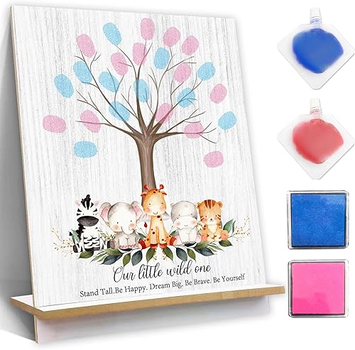 Cartel de árbol de huellas dactilares de animales de la selva Our Little Wild One, juegos de revelación de género para invitados, ideas especiales