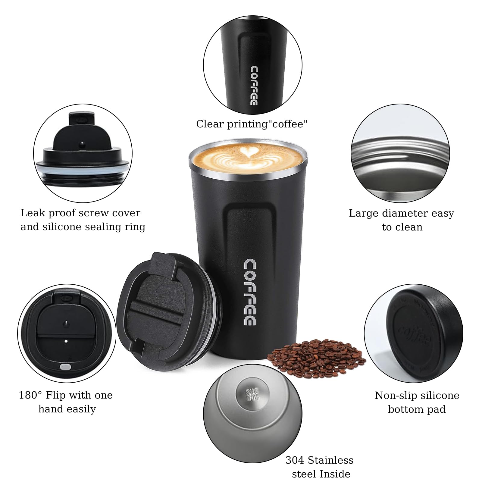 Senshuomy Travel Coffee Mug Spill Proof,Insulated Coffee Mug to Go,Coffee Tumbler,Reusable Coffee Cups with Seal Lid,Water Cup for Keep Hot/Ice Coffee,Tea and Beer (Black/510ml) - Image 3