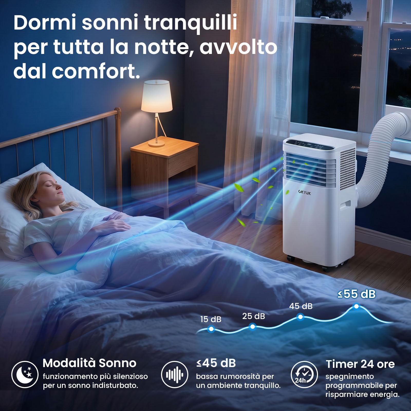 Climatiseur Mobile 7000 BTU avec tuyau d'évacuation | Climatiseur portable 4 en 1 | Fonctionnement silencieux | Kit d'installation fenêtre | Minuterie 24 heures | Pour pièces jusqu'à 25 m²