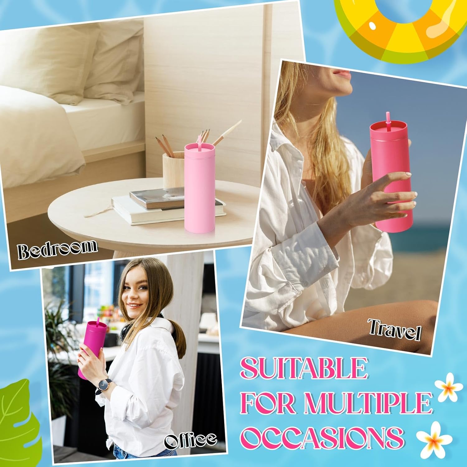 Baderke 4 Pack 16 oz Skinny Tumblers with Lid and Straw Matte Multicolor Reusable Double Wall Plastic Cup Coffee Travel Drinking Mug for Valentine Day Girl Women Home Birthday Gift (Pink) - Image 6