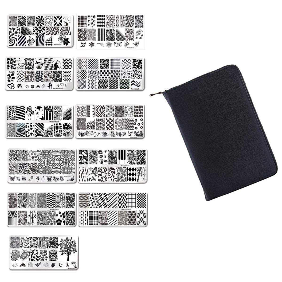 Mezerdoo 12pcs/lot 120 Slots PU Leather Nail Art Stamping Image Plate Case and 11Pcs Nail Art Templates Plates Manicure Nails Stencils (Mezerdoo1-11 + 1 black case)