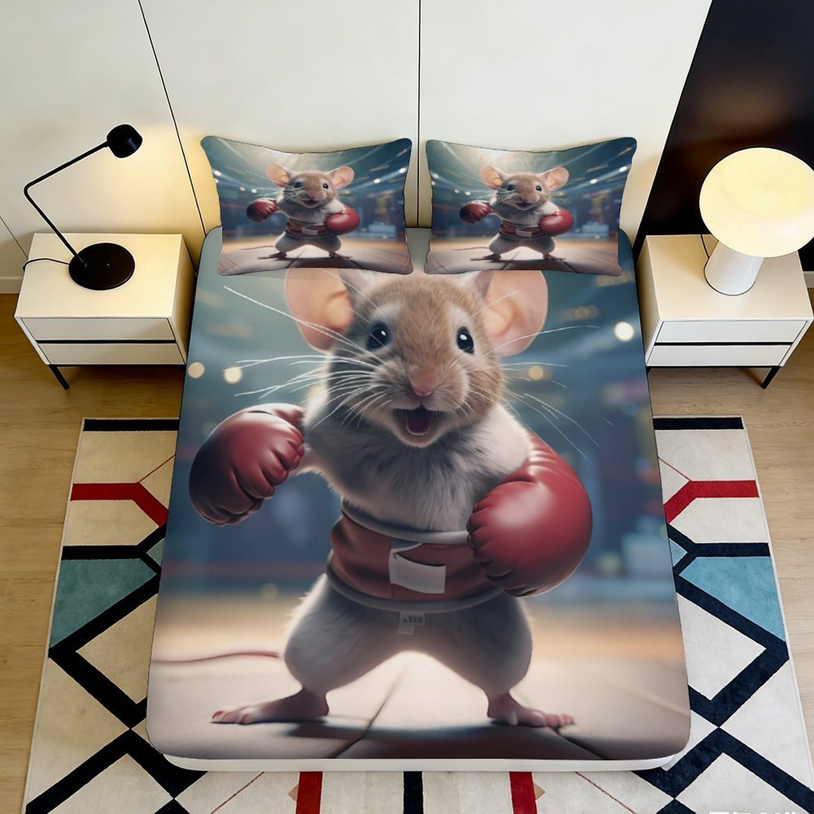 3D Printed Boxing Mouse Fitted Sheet Microfiber Soft Breathable Cartoon Rat Bed Cover for Bedroom Dormitory Guest Room Mattress Protection Decor 140x200x25cm