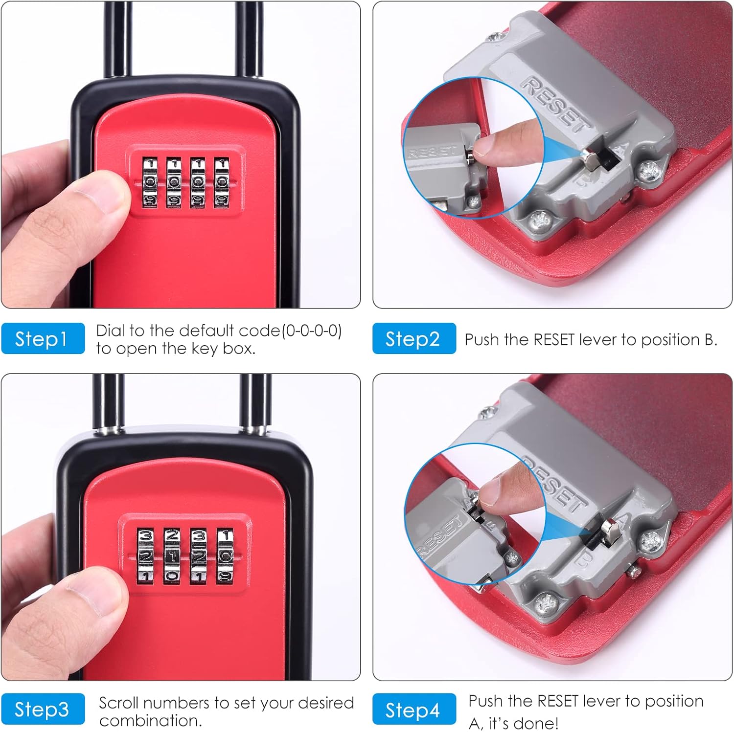 Four-step diagram showing how to set the combination on the AMIR Key Lock Box.