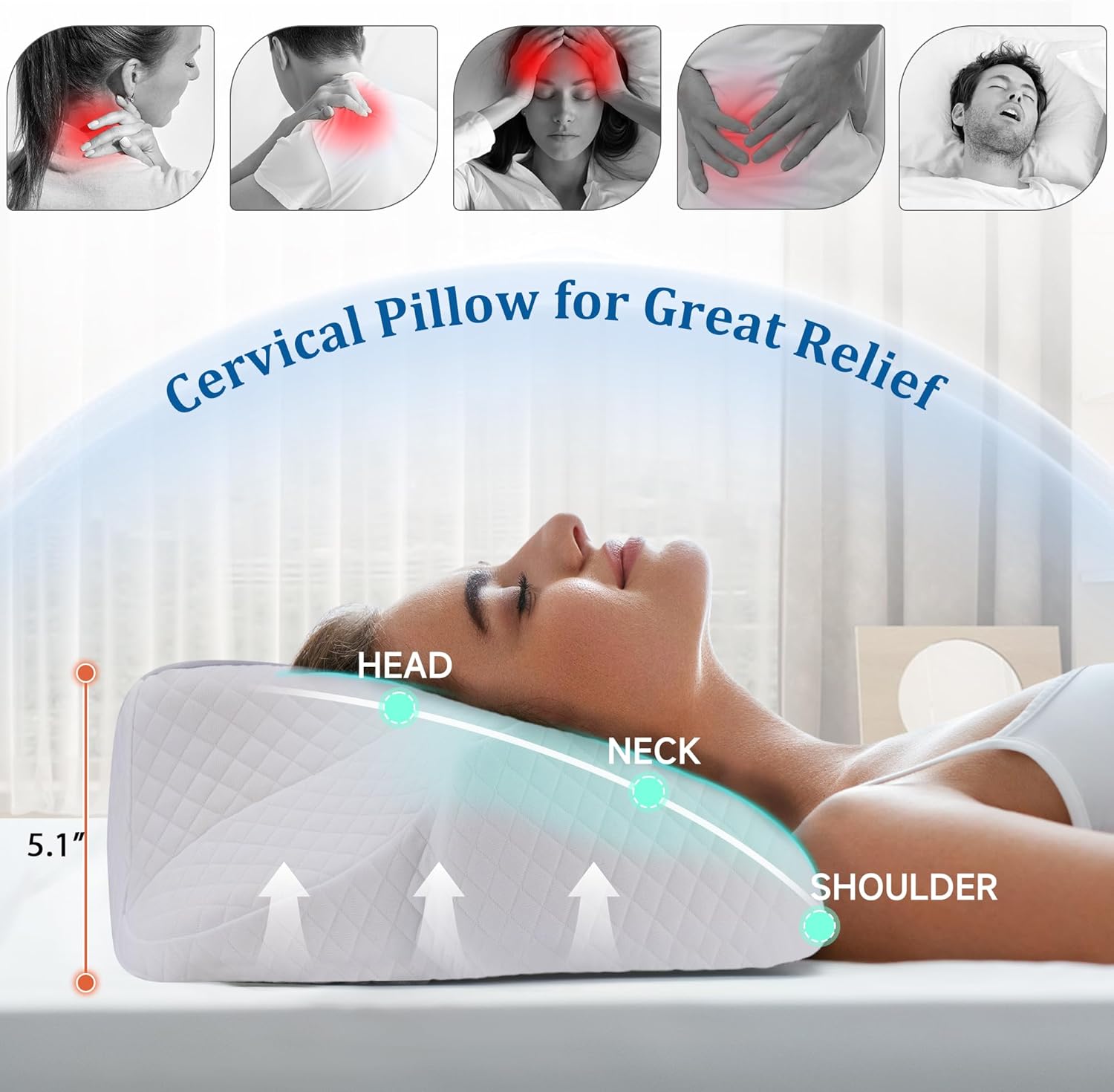 Cervical Pillow, Cervical Neck Pillow for Bed, Ergonomic Memory Foam Pillows for Sleeping with Washable Pillowcase, Suitable for Side Back Stomach Sleepers (Y-Shaped)