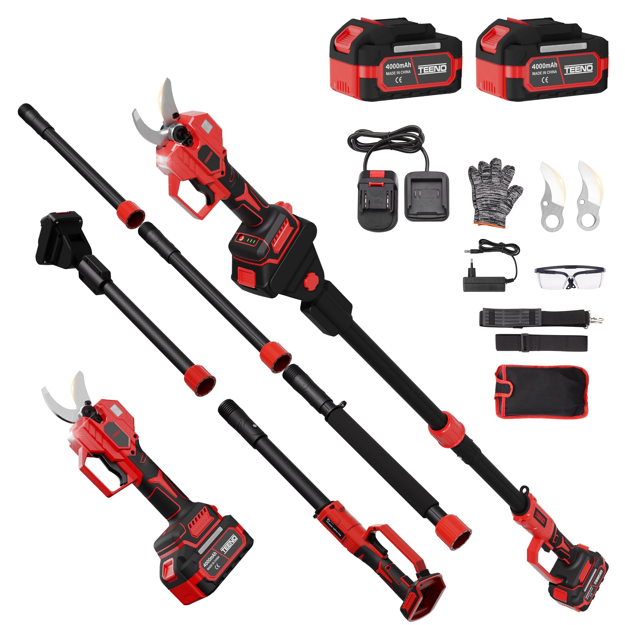TEENO Tijeras de Podar Eléctricas con Palo Telescópico 2 en 1,Corte 50mm,Alcance de 4,3 m, 2 Baterías 4.0Ah, Cable Extensión de 1,05 m, Hoja SK5, Pantalla y Motor sin Escobillas para Árboles y Flores