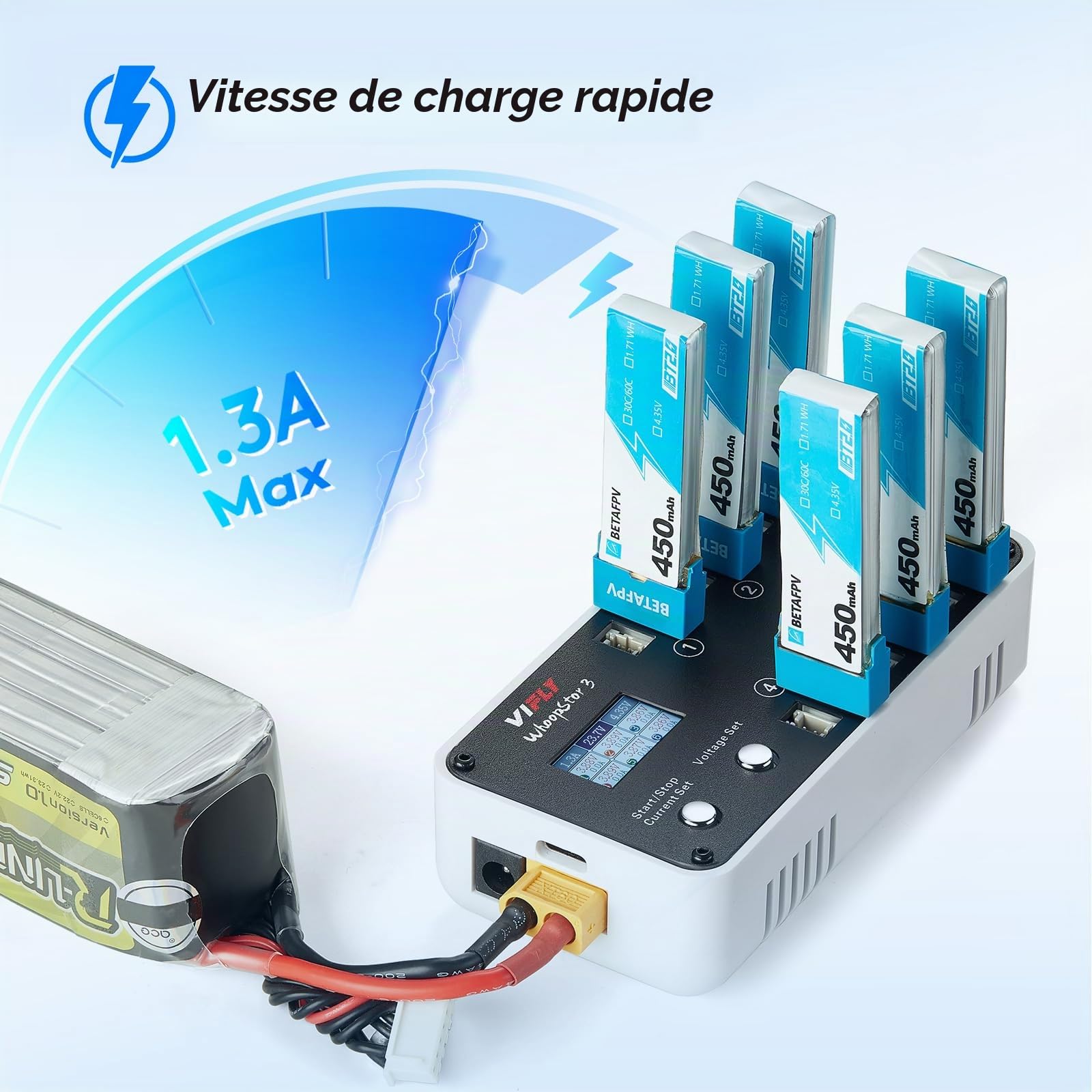 VIFLY WhoopStor V3 1S LiPo Chargeur et déchargeur de Batterie avec écran LCD Tiny Whoop Chargeur avec connecteurs PH2.0 et BT2.0