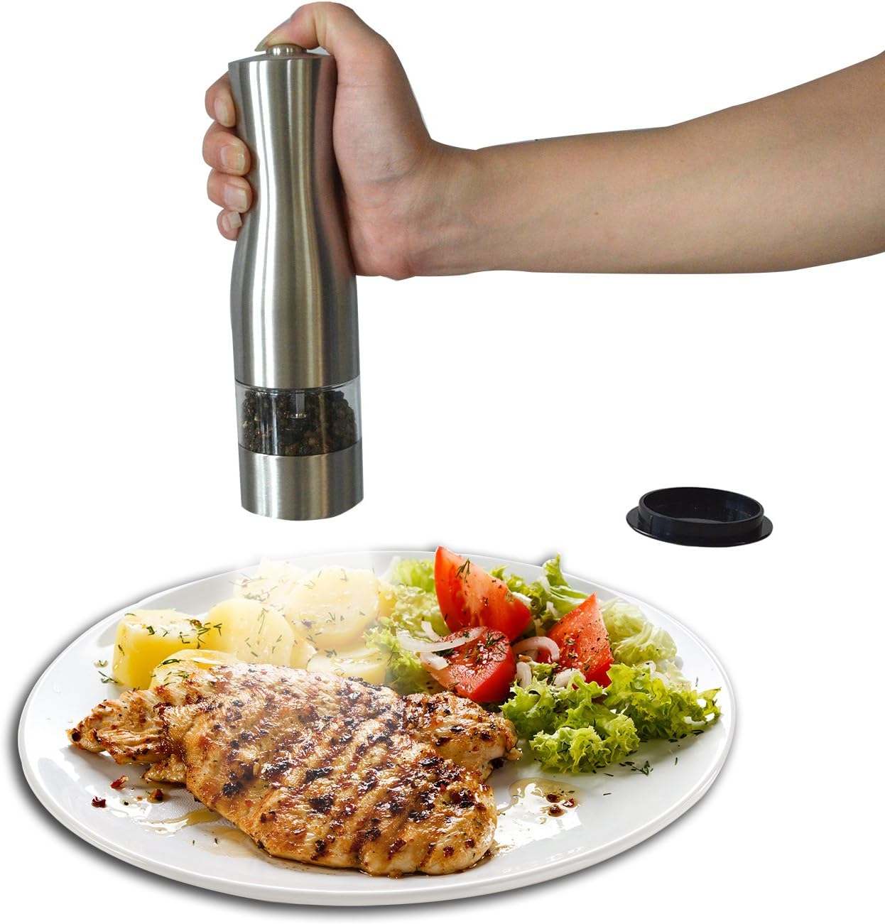 HoooWooo Electric salt or pepper shaker Stainless Steel Battery Operated, One Hand Operation, Led Light, Adjustable Ceramic Grinder, Static Coating Dust Cap(one pack)