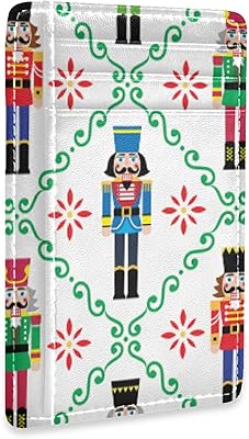 Colorful Christmas Nutcrackers Seamless Soldier Figurines on White Slim Minimalist Wallet, Front Pocket RFID Blocking Leather Credit Card Holder, Case Protector Covers for Men Women