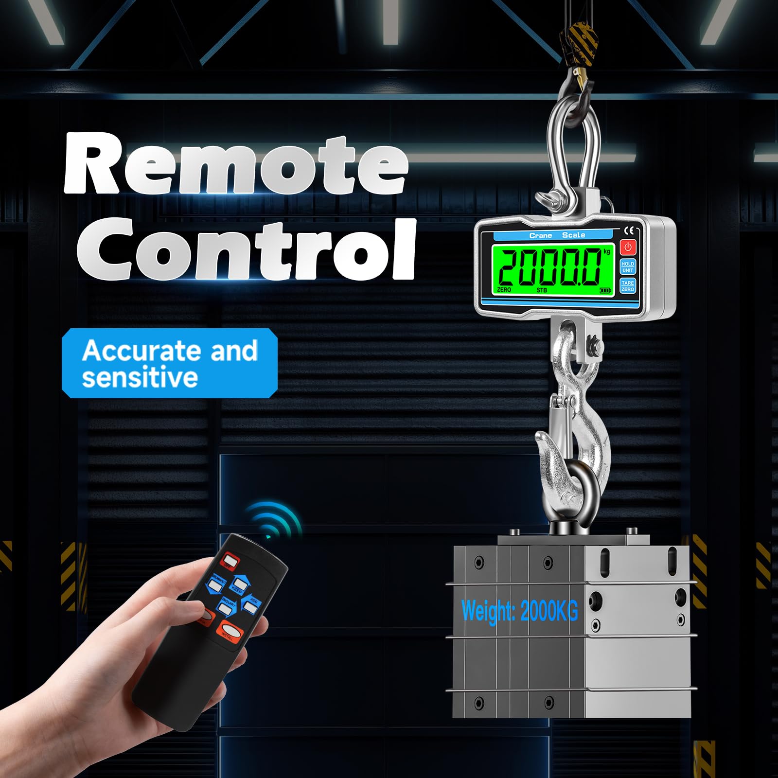Báscula colgante 2000kg 4400lbs con Control Remoto, Báscula de Grúa Digital 2T Pantalla LCD