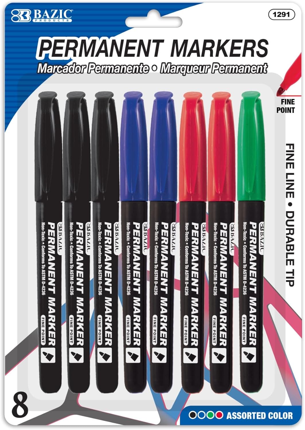 BAZIC Products Permanent Marker Fine Tip Assorted Color Markers, Coloring Doodling on Plastic Wood Metal Glass Stone, for School Office Art (8/Pack), 24-Packs