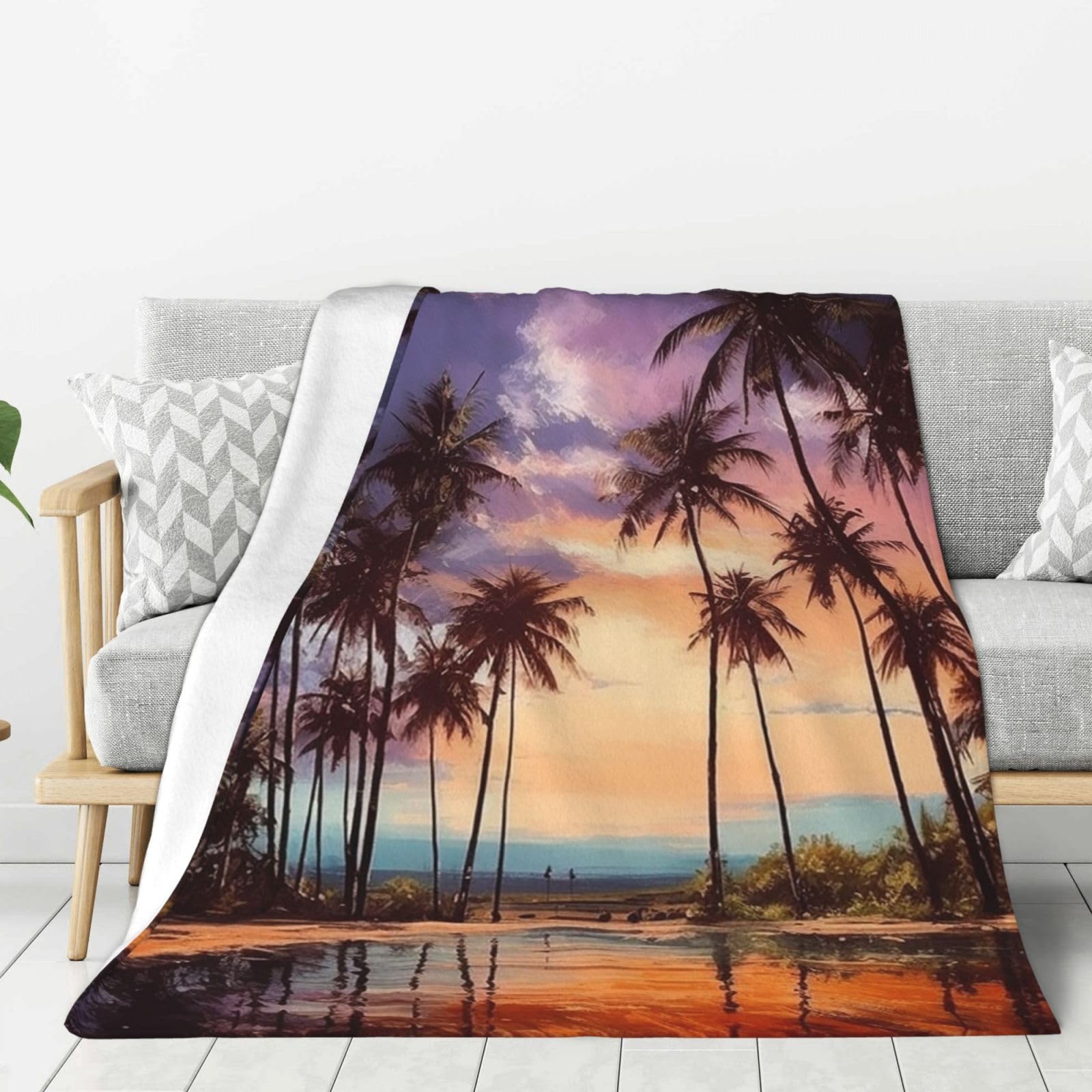 Palm Trees Landscape Throw Blanket Plush Flannel Fleece Blanket, Soft Lightweight Cozy Blankets 60"X50" for Bed Couch Sofa Travel