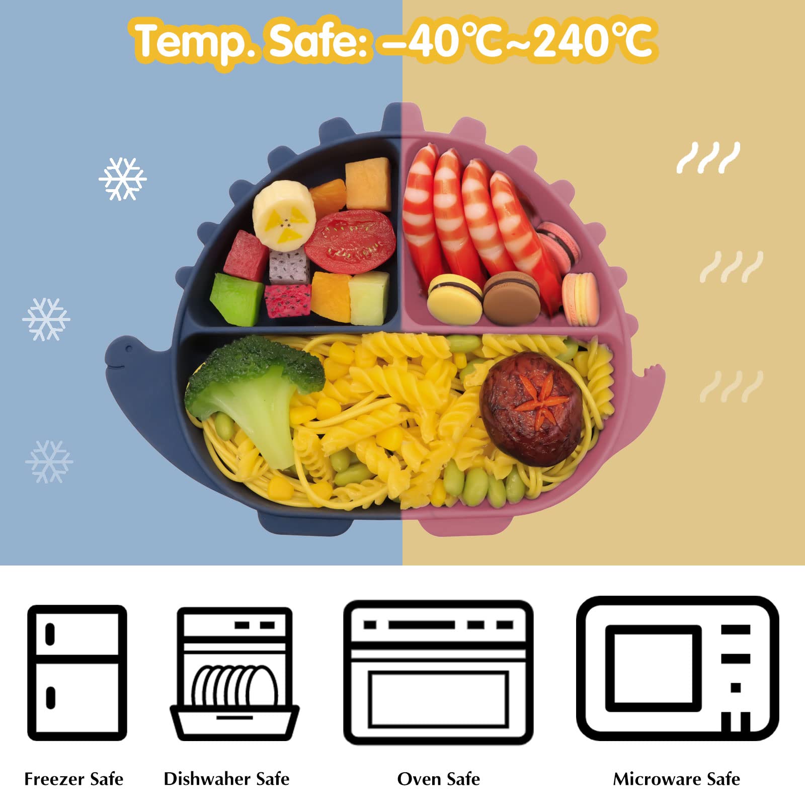 Delven Silicone Assiette pour Bébé Set Vaisselle 8 Pièces Antiderapant Coffret Repas avec Ventouse Bol CuillèRe Fourchette Bavoir Tasse Couvercle sans BPA Set Repas pour Enfant Garçon,Bleu Dinosaure
