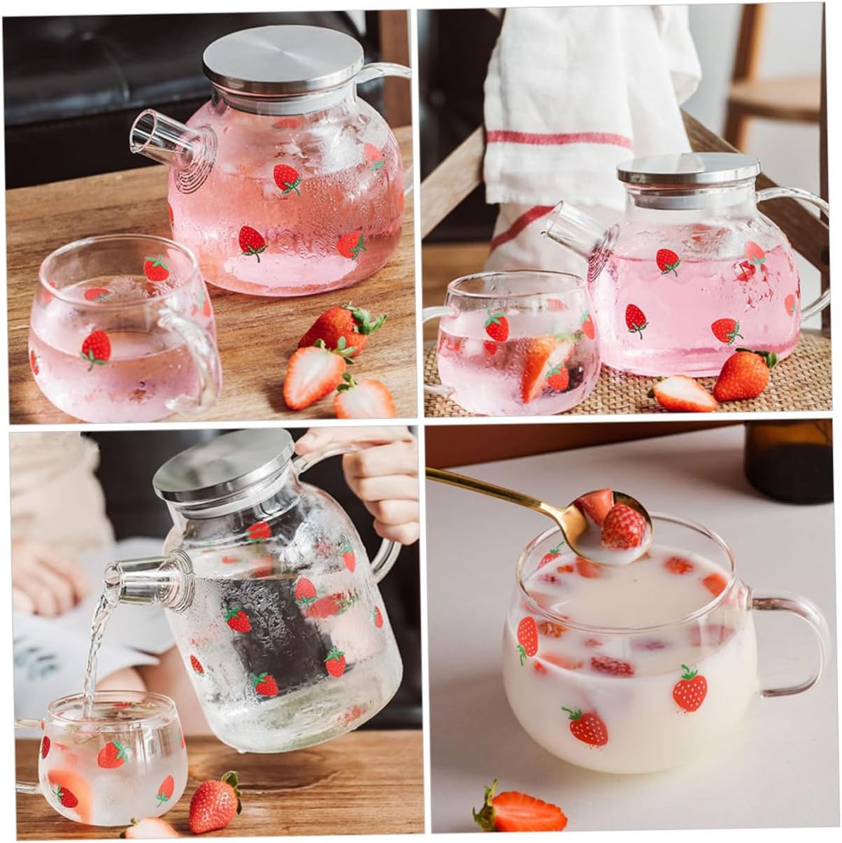 Strawberry Glass Water Pitcher Set 1.6l Borosilicate Cold Water Carafe with Handle Cup for Home Dining and Beverage Serving