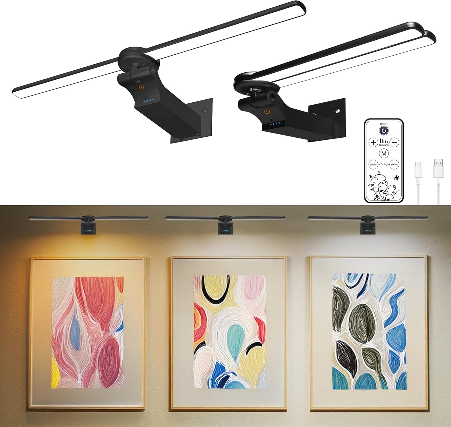 2 Pack Picture Light for Wall, 18in Rechargeable Wall Art Light with Timer and Dimmable, Painting Frame Light with Remote Control Display for Wall Painting, Frame, Portrait, Dartboard (Black) 18in-2pack Black