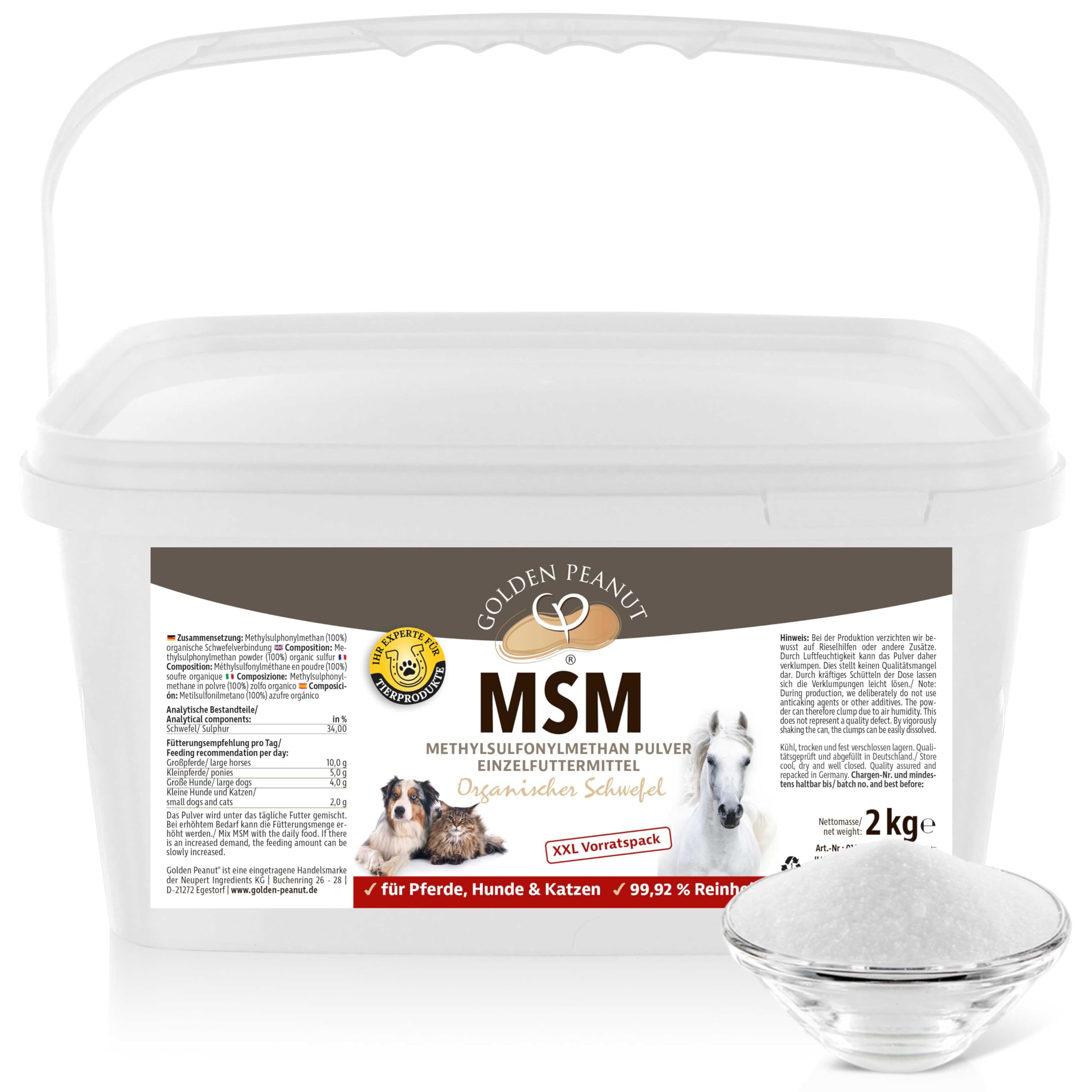 GOLDEN PEANUT MSM Methylsulfonylmethan Pulver 2 kg für Tiere, Reinheitsgrad 99,92%, organische Schwefelverbindung, ohne Rieselhilfen