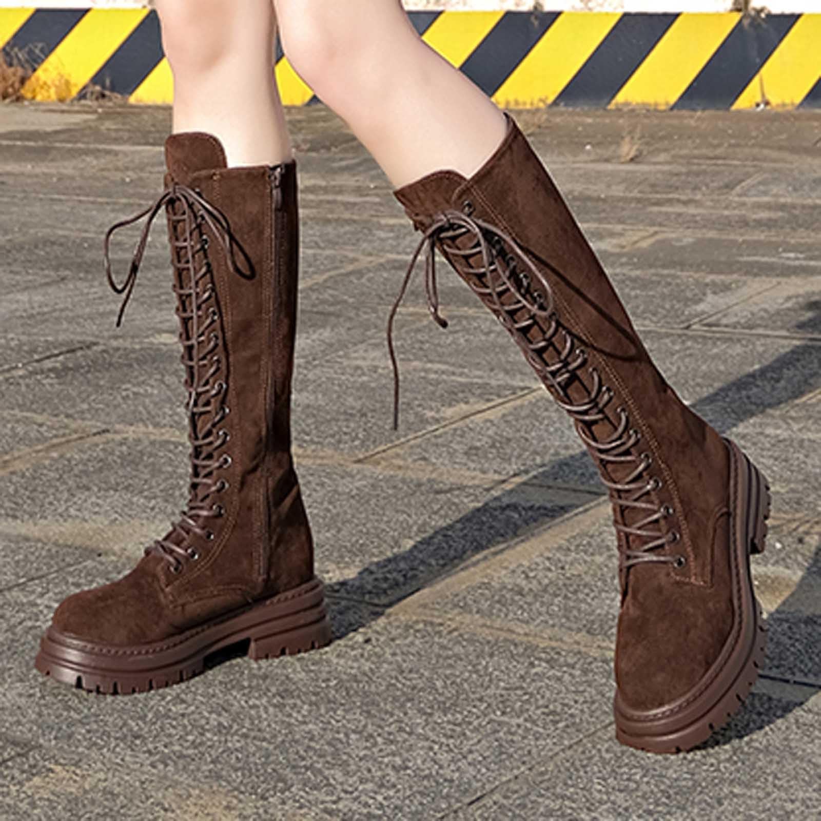 Generisch Botas de equitación de invierno para mujer, botas de ante modernas con pantorrilla media, botines de plataforma gruesos con cordones, cómodas e informales