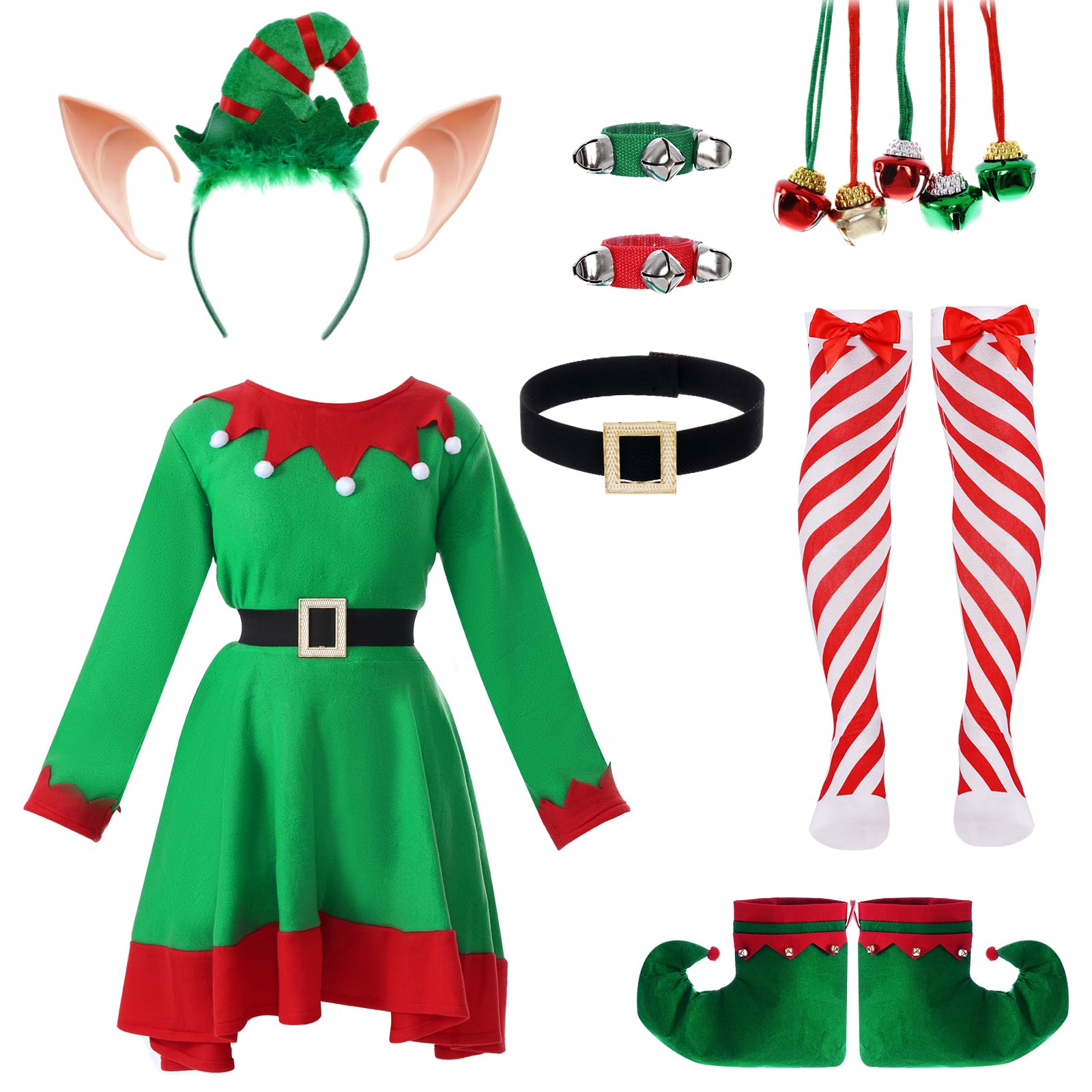 Ishua 13pcs Women Christmas Elf Costume Set - Adult Clothes With Ears, Striped Socks, and Accessories