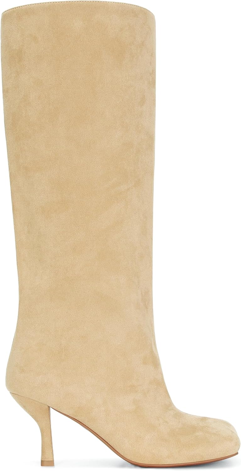 Women's Knee High Boots Nude Suede Wide Calf Stiletto Long Boots Pull On High Heel Riding Boots Fahion Dress Fall Tall Boots - Image 5