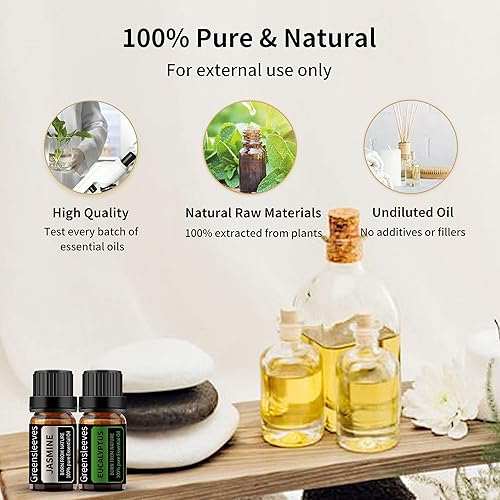 Miniatura 4 de GREENSLEEVES Juego de aceites esenciales de eucalipto de jazmín, 2 aceites aromáticos puros a base de plantas para aromaterapia, aceites esenciales