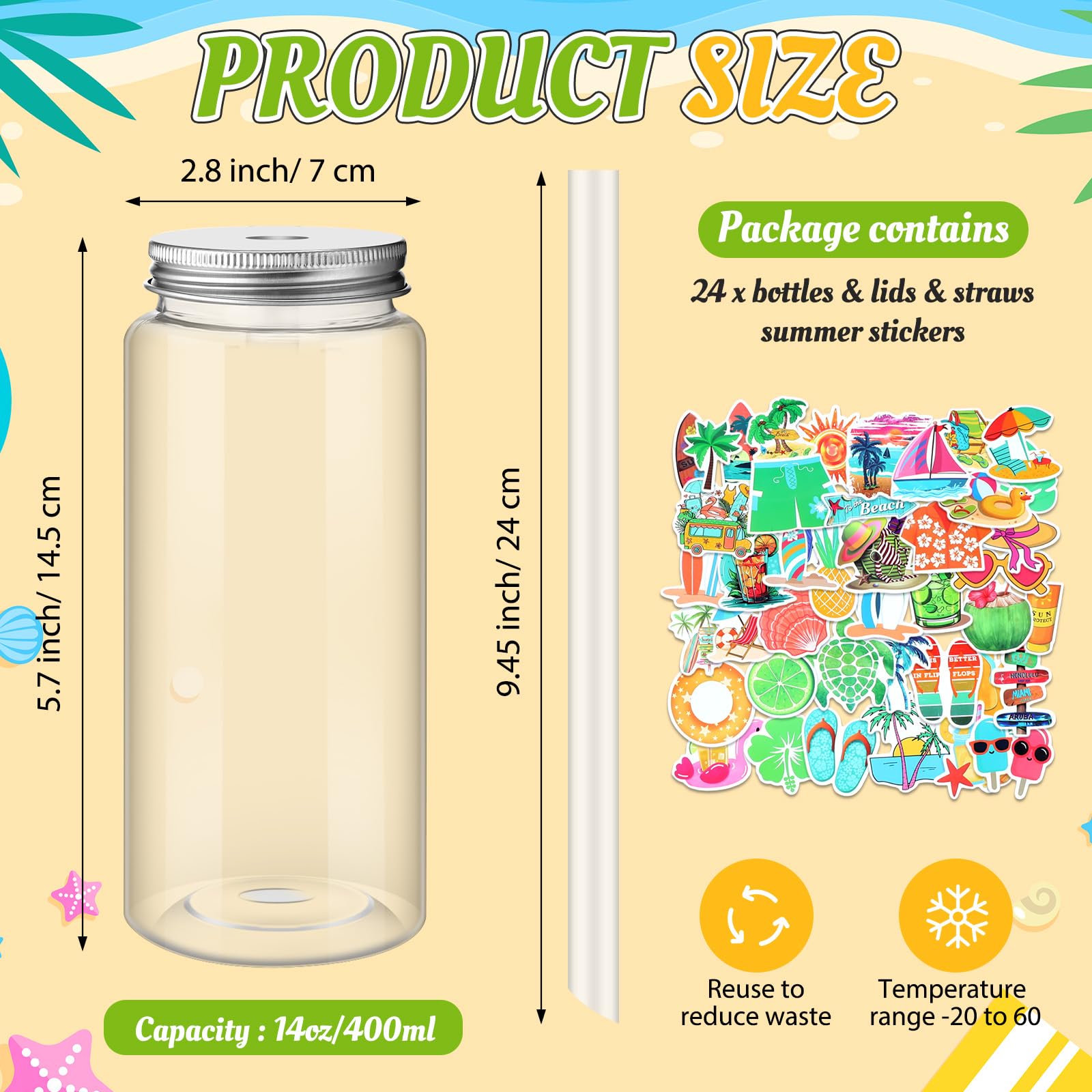 Jingmore 24 Pcs 14oz Plastic Mason Jar Bottles with Straws Lids Clear Cute Reusable Drinking Cups and 86pcs Summer Stickers for Water, Tea, Juice, Beer, Summer Hawaiian Beach Party Supplies