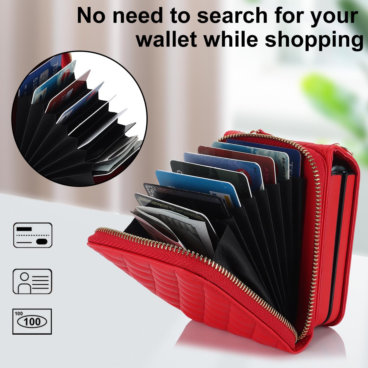 for Motorola Moto Razr 2024 Wallet Case with Crossbody Strap, Premium PU Leather Large Capacity Card Slot RFID Blocking Zipper Flip Cover Hard PC Bumper Case for Motorola Razr 50 2024 Red