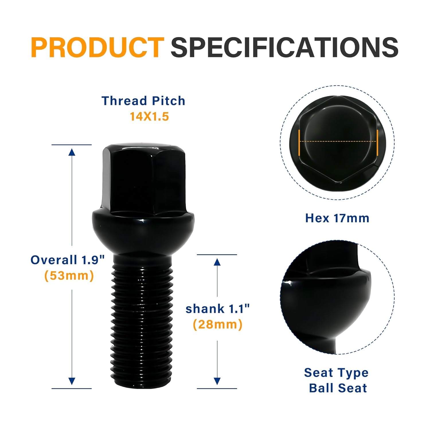 14x1.5 Wheel Lug Bolts Ball Seat, 20Pcs Solid Black Studs - for Wheel Spacers, 28mm Shank 53mm Tall 17mm Hex (Black)