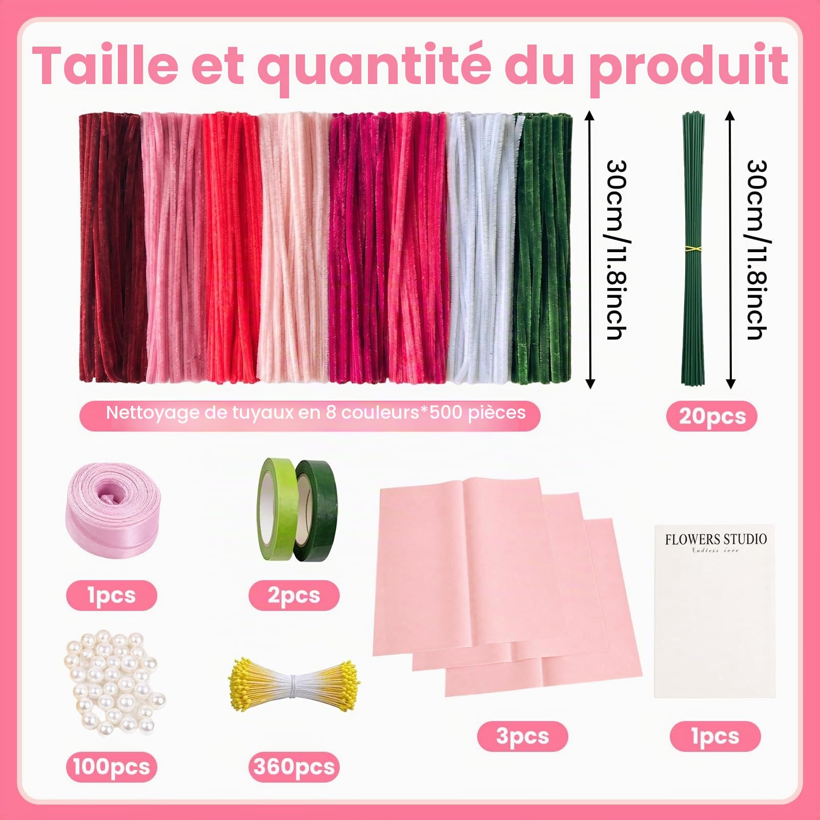 500 Pcs Fil Chenille, Fil Chenille Fleur Kit Complet Fleurs 8 Couleurs, Cure Pipe en Coffret avec Accessoires, Pipe Cleaners Flower kit pour Loisirs Creatifs 30cm Long