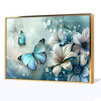 Amazon.co.jp: 絵画 花は美しい青い蝶を引き寄せます アート