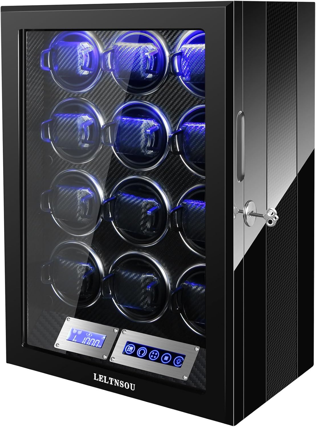 Watch Winder for 12 Winding Spaces Automatic Watches, Ultra-Quiet Japanese Motors, Built-in LED Illumination and LCD Touchscreen Control