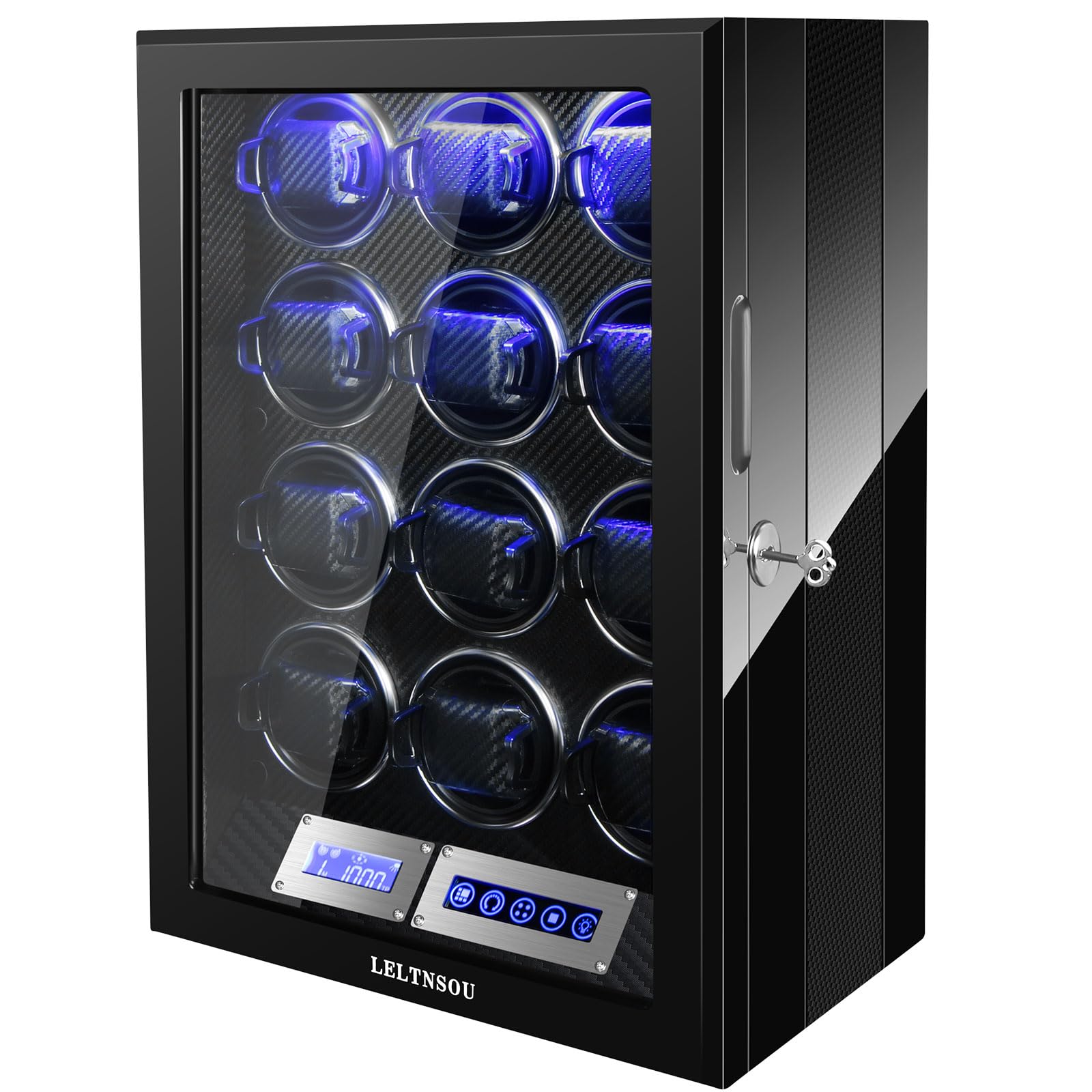 Uhrenbeweger für 12 Aufziehplätze Automatikuhren, ultra-leise japanische Motoren, integrierte LED-Beleuchtung und LCD-Touchscreen-Steuerung