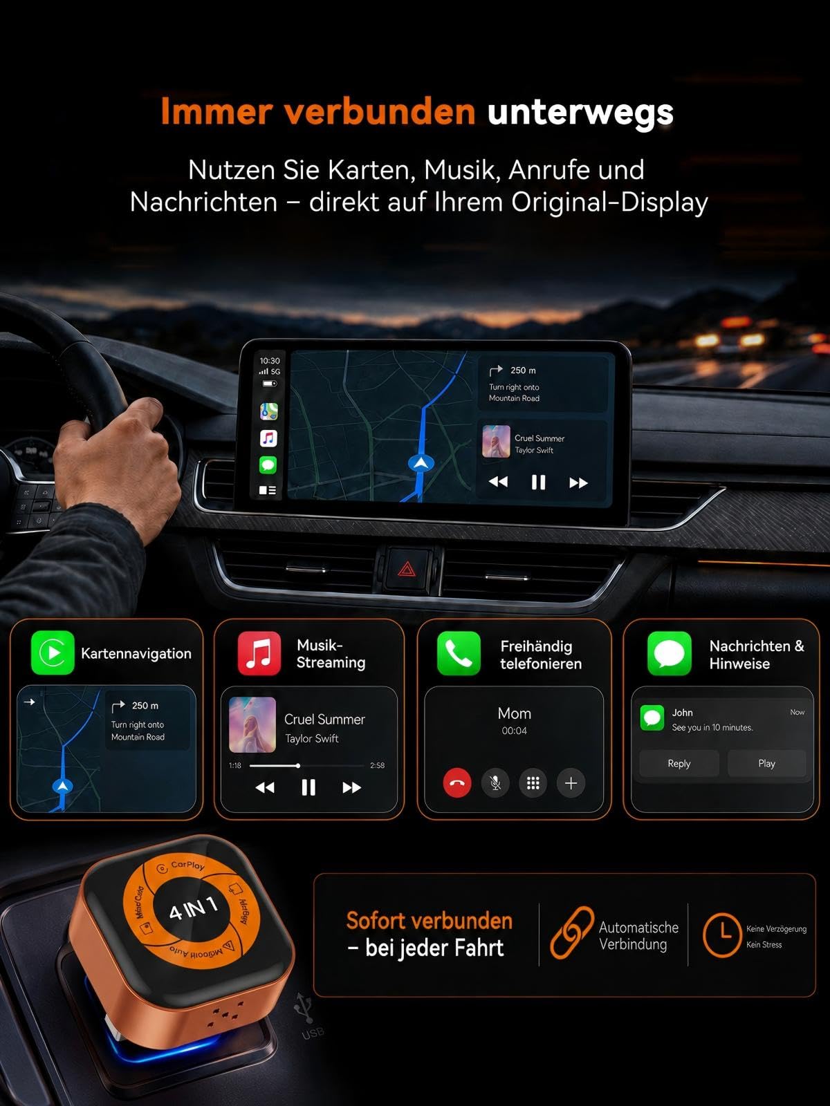 Spedal Adaptateur CarPlay sans Fil 4-en-1, Android Auto sans Fil, AirPlay & MirrorLink, WiFi 6 Bluetooth 5.4, Dongle USB pour Voiture avec CarPlay Filaire, Connexion Automatique