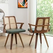 Walnut Dining Chairs - Swivel Rattan Dining Chairs with Bentwood Frame with Ergonomic Cane Back, Curved Arms, MCM Dining Chairs for Kitchen/Restaurant/Living Room/Conference Walnut Green, Set of 2