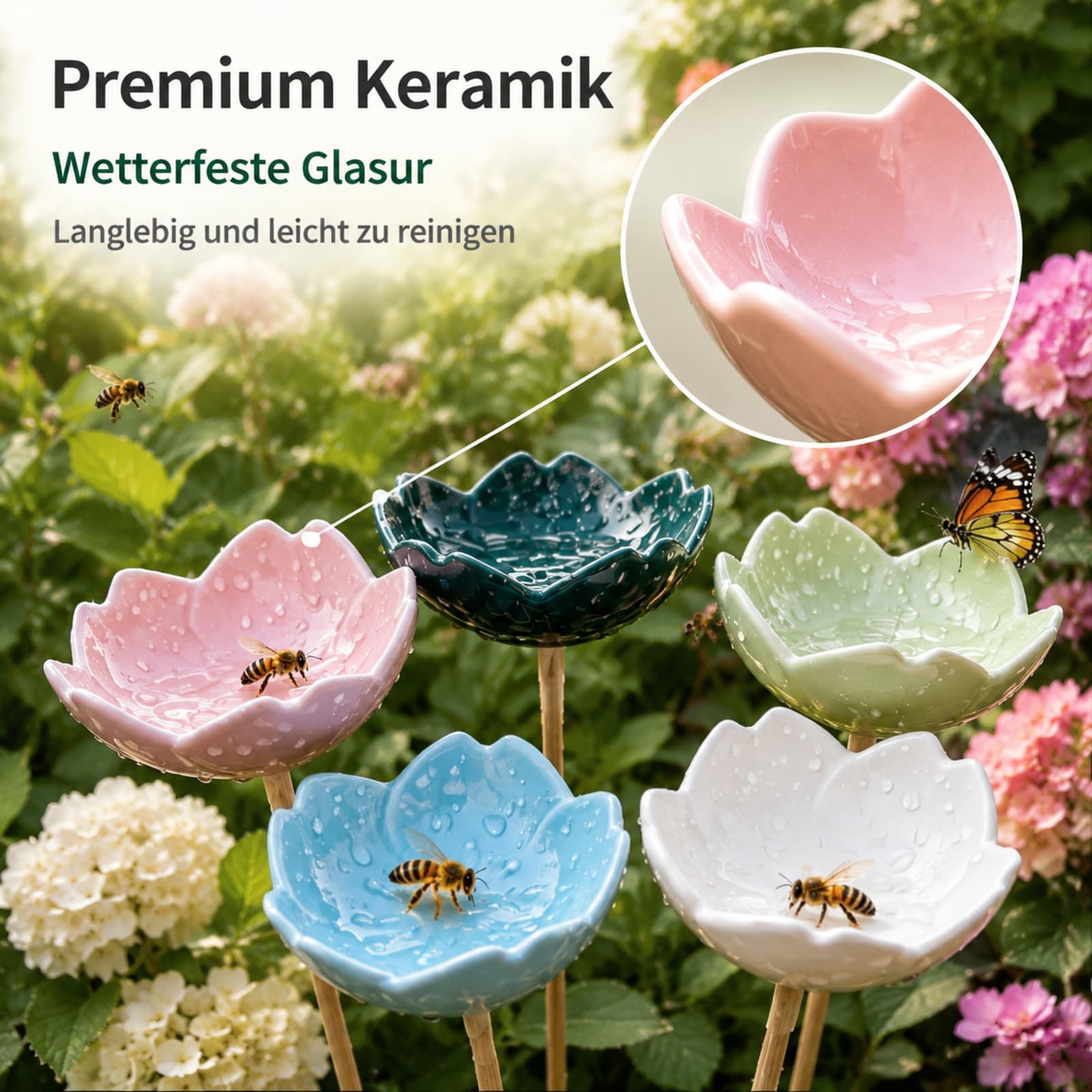 5 Stück Bienentränke Keramik, Insektentränke, Bienentränke für Den Garten, Bienenbar Wassertränke Mit Stecker Kreative Blüte Gartenstecker Geschenk Futternapf für Honig, Spenders (5 Stück)