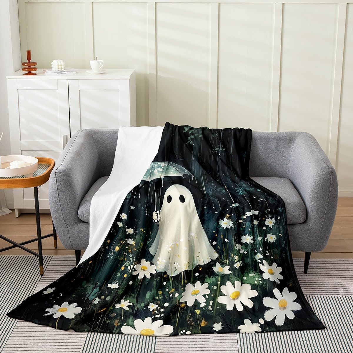 Cute Ghost Fleece Blanket,Rainy Night Umbrella Halloween Ghost Bed Blanket for Kids Teens,White Daisy Flowers Rustic Jungle Flannel Blanket for Room Decor,Queen 90"x90"