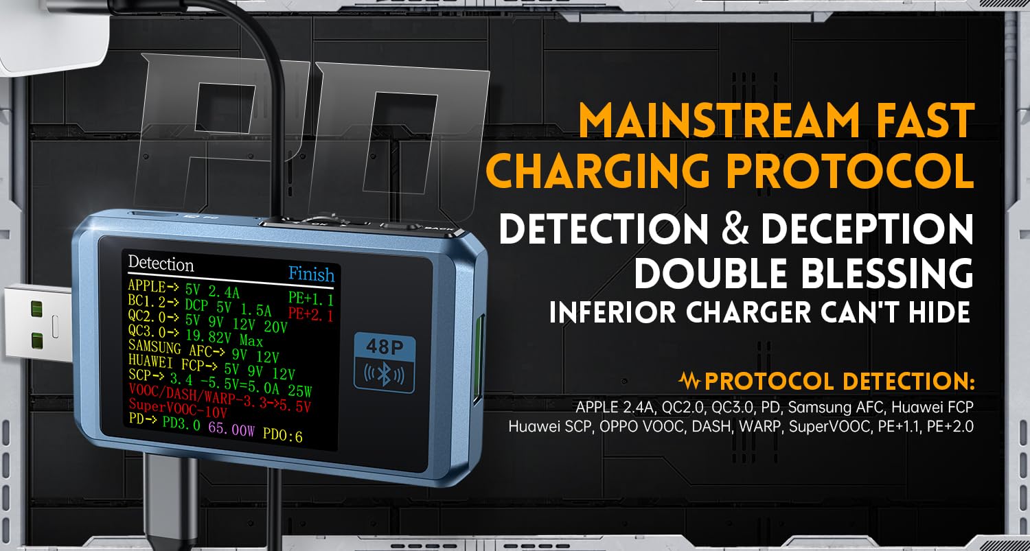 USB Tester FNIRSI FNB48P USB Tester Voltmeter Ammeter Type-C Fast Charge Detection Trigger Capacity Ripple Measurement with CNC Metal Shell(FNB48P with Bluetooth)