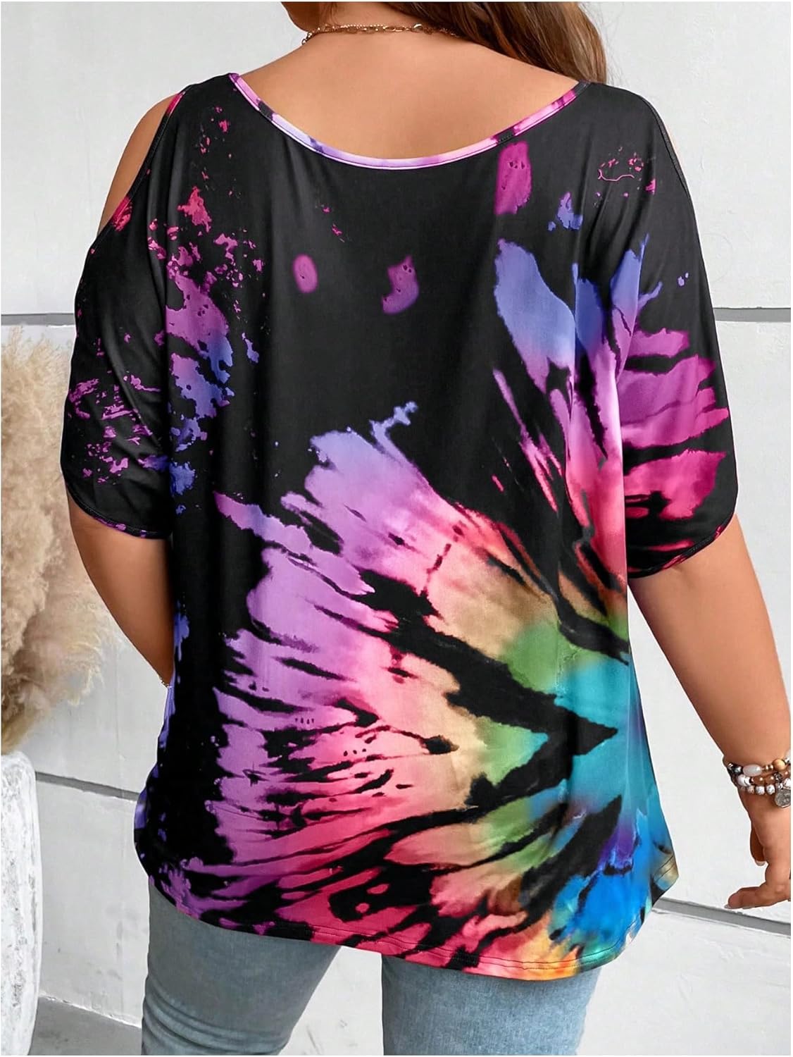 SOLY HUX Women's Plus Size Tops Tie Dye Cold Shoulder Short Sleeve Scoop Neck Tee T Shirts - Image 2