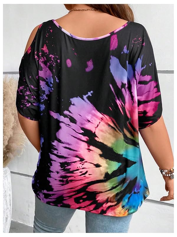 SOLY HUX Women's Plus Size Tops Tie Dye Cold Shoulder Short Sleeve Scoop Neck Tee T Shirts Purple Print 3XL by SOLY HUX - Image 2