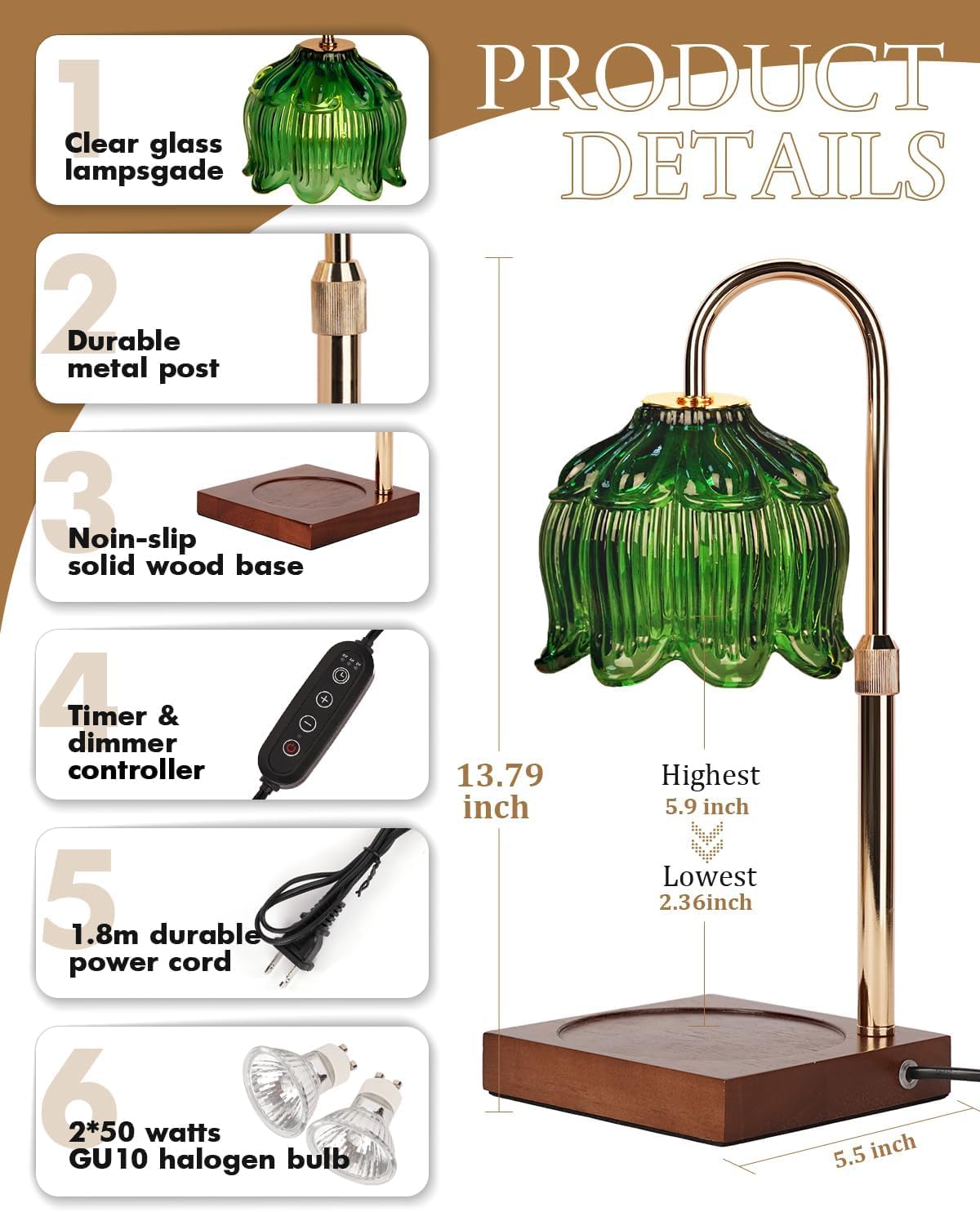 Green Candle Warmer Lamp with Timer & Dimmer, Candle Lamp Warmer Adjustable Height, Mothers Day Birthday Gifts for Women Mom, House Warming New Home Decor,Lotus Flower Wax Warmer for Jar Candles