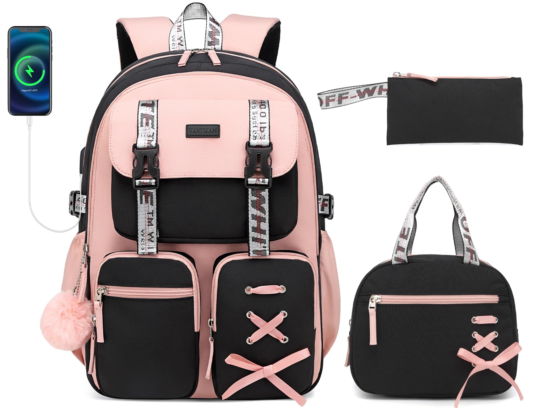 School Backpack for Teen Girls,3PCS Kids Backpack with Lunch Bag Pencil Case, Cute Bookbag for Elementary Middle High School College, 15.6 Inch Laptop