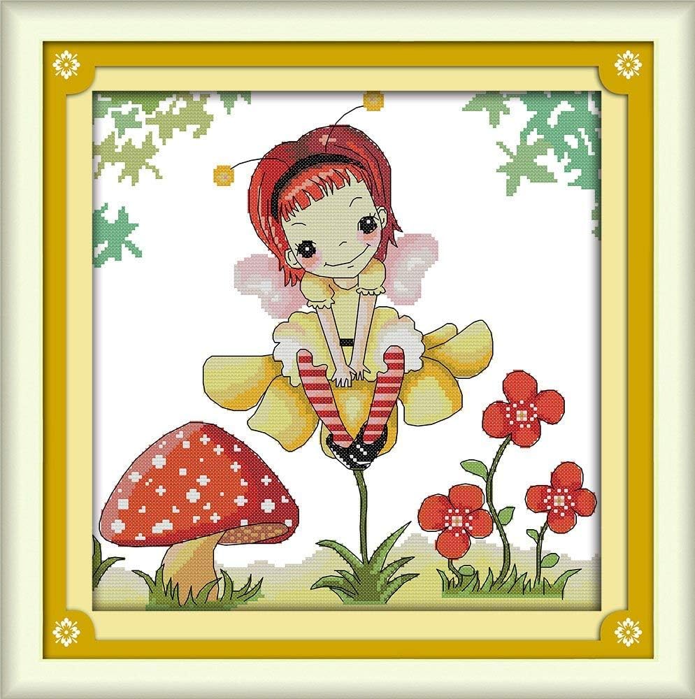 Happy Forever Cross Stitch Kits 11CT Stamped Patterns for Kids and Adults, Preprinted Embroidery kit for Beginner, Cute Little One (C703 Forest Angel, Size 17''x19'')