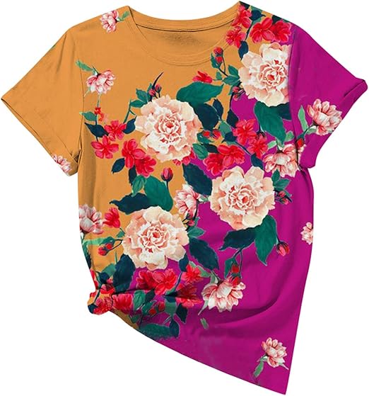 Women's Colorful Tops Summer Short Sleeve V Neck Floral Tees Shirt Casual Comfy Blouses Tunic 